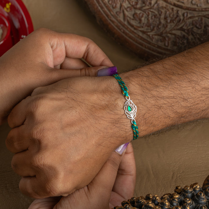 925 Sterling Silver Morpankh Rakhi for Brother | Traditional Raksha Bandhan Rakhi with Peacock Feather Design