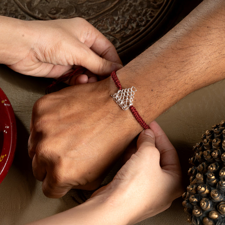 Tvish 925 Sterling Silver Sri Yantra Rakhi for Brother | Divine Protection Sacred Raksha Bandhan Thread with CZ/Zircon & Red Silk Dori | Spiritual & Auspicious Gift for Men