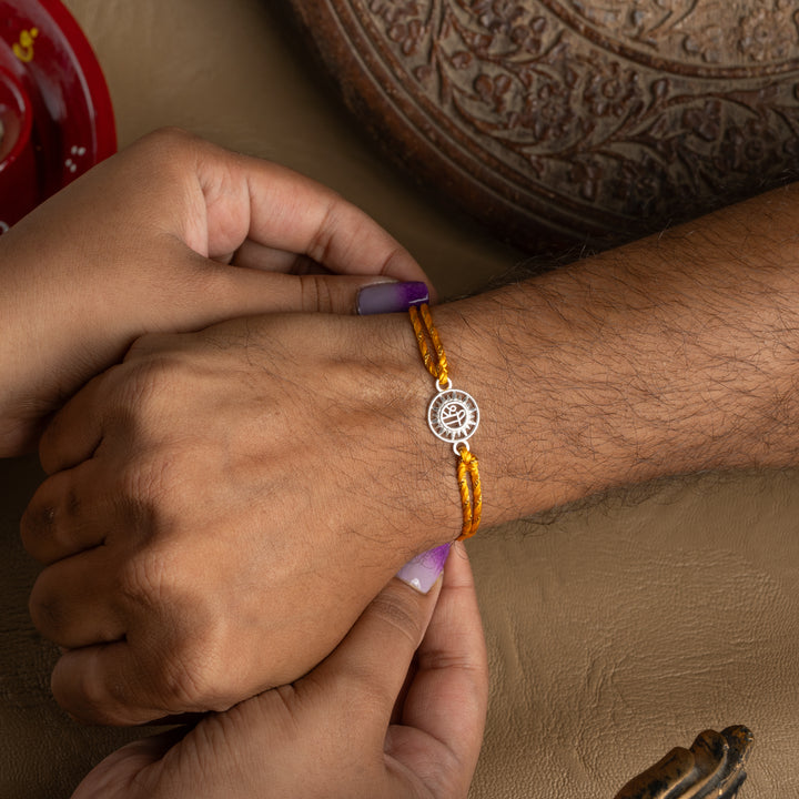 925 Sterling Silver Shree Rakhi for Brother | Radiant Sun-Inspired Design on Yellow Thread | Raksha Bandhan Gift