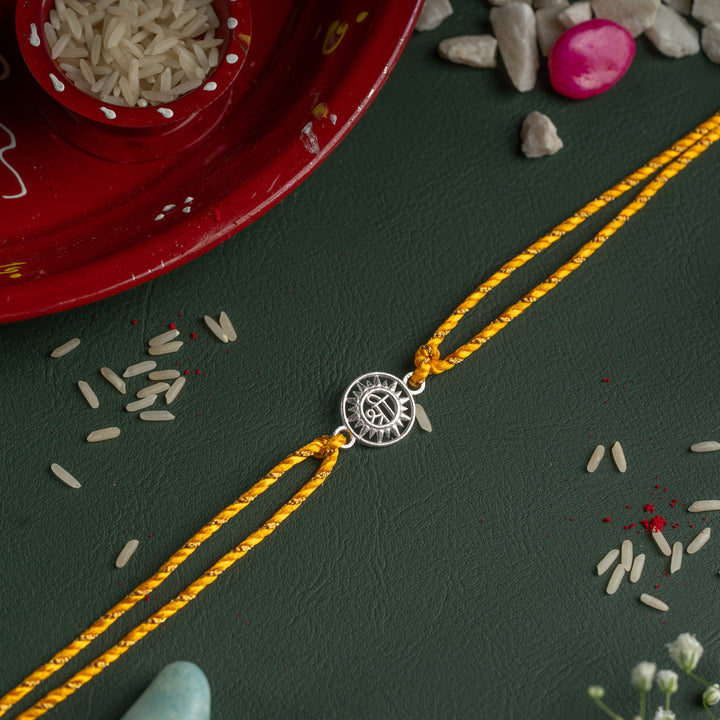 925 Sterling Silver Shree Rakhi for Brother | Radiant Sun-Inspired Design on Yellow Thread | Raksha Bandhan Gift
