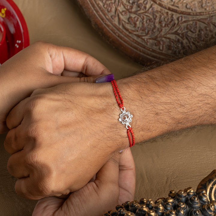 925 Sterling Silver Om Rakhi for Brother | Traditional Om Design Rakhi with Floral Frame & Red Thread