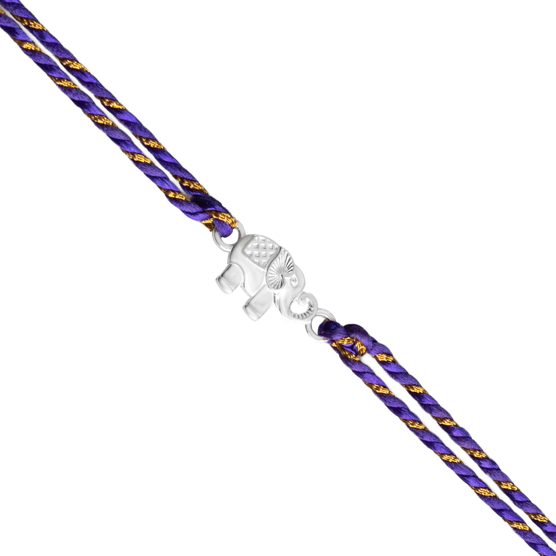 925 Sterling Silver Elephant Rakhi for Brother | Purple &amp; Gold Thread Rakhi with Lucky Elephant Charm