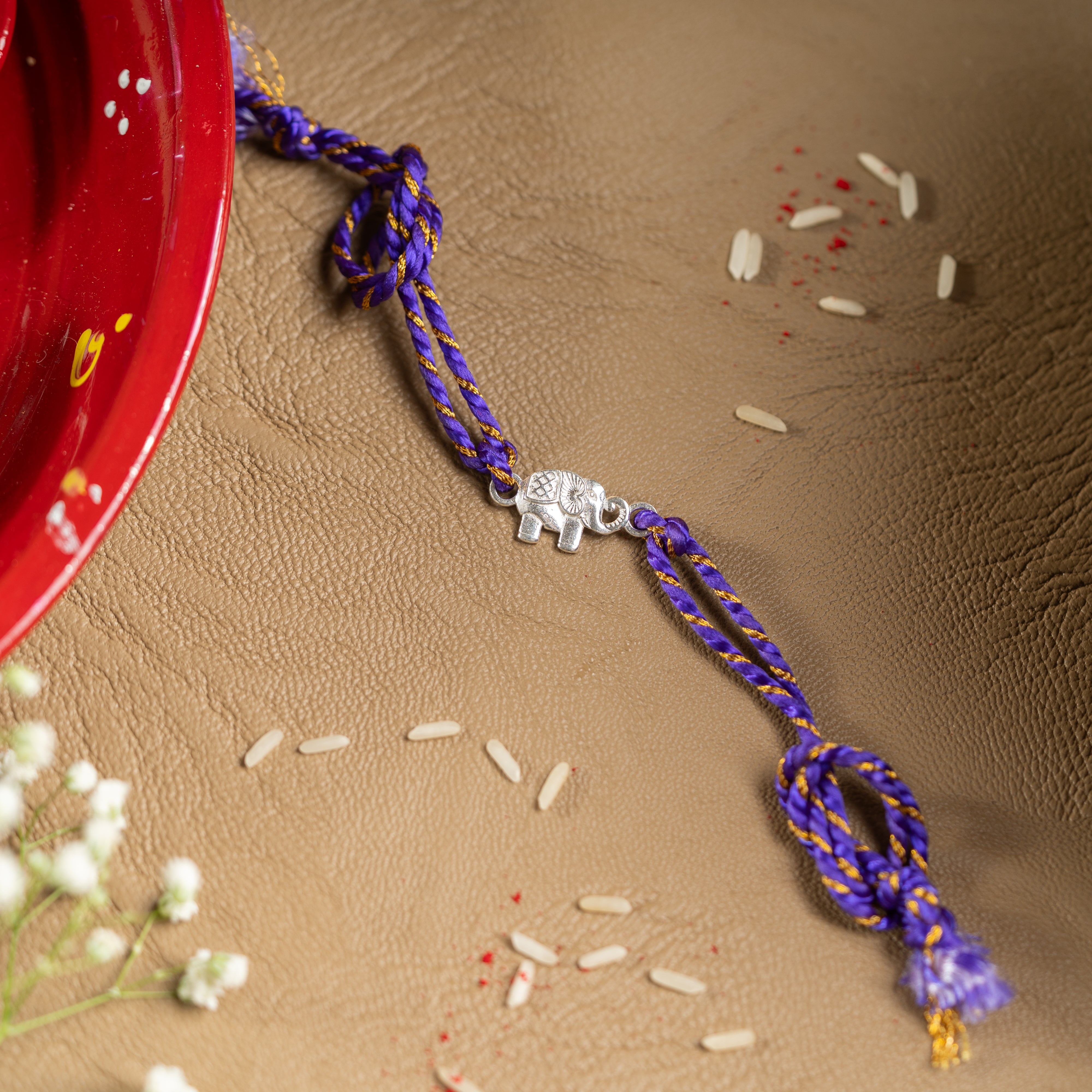 925 Sterling Silver Elephant Rakhi for Brother | Purple &amp; Gold Thread Rakhi with Lucky Elephant Charm