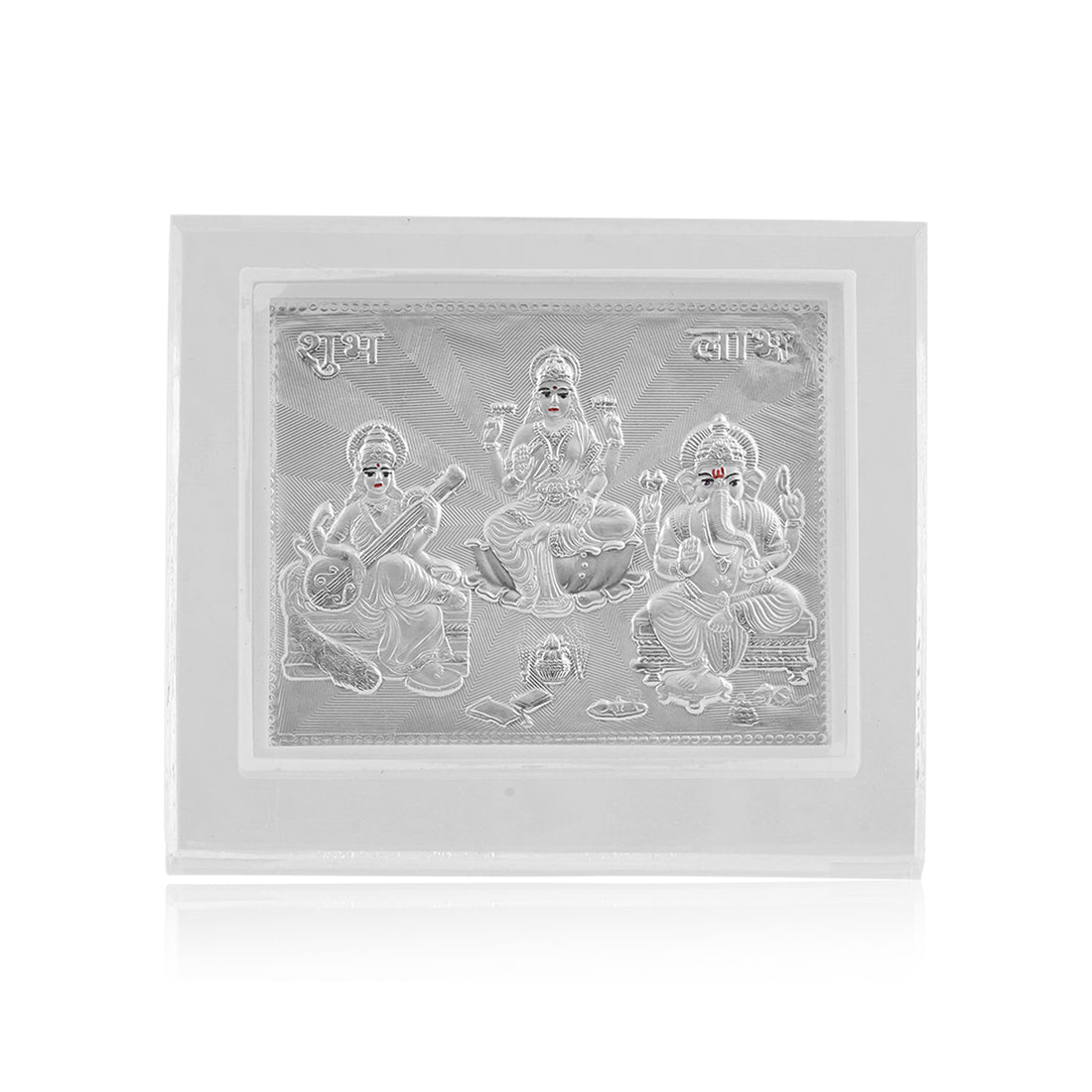 Tvish 999 Silver Laxmiji, Saraswatiji and Ganeshji Acrylic Frame, L 4.5 x H 3.5 Inches