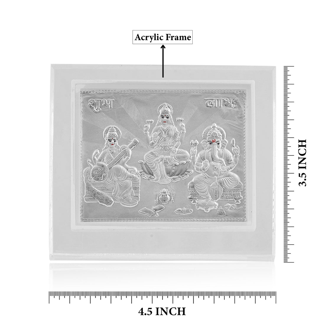 Tvish 999 Silver Laxmiji, Saraswatiji and Ganeshji Acrylic Frame, L 4.5 x H 3.5 Inches
