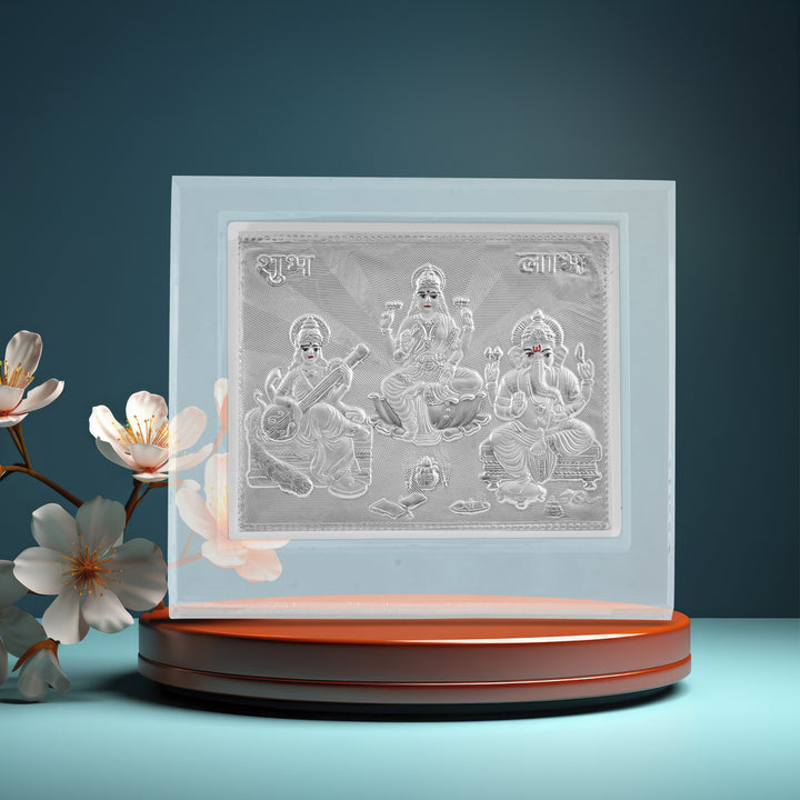 Tvish 999 Silver Laxmiji, Saraswatiji and Ganeshji Acrylic Frame, L 4.5 x H 3.5 Inches