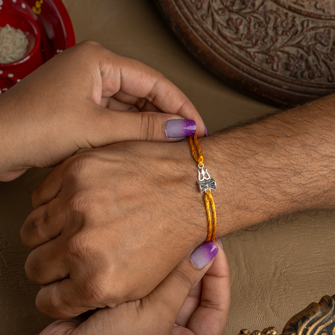 925 Sterling Silver Trishul Damru Rakhi for Brother | Yellow Thread Rakhi with Mahadev Symbol