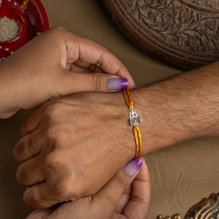 925 Sterling Silver Trishul Damru Rakhi for Brother | Yellow Thread Rakhi with Mahadev Symbol