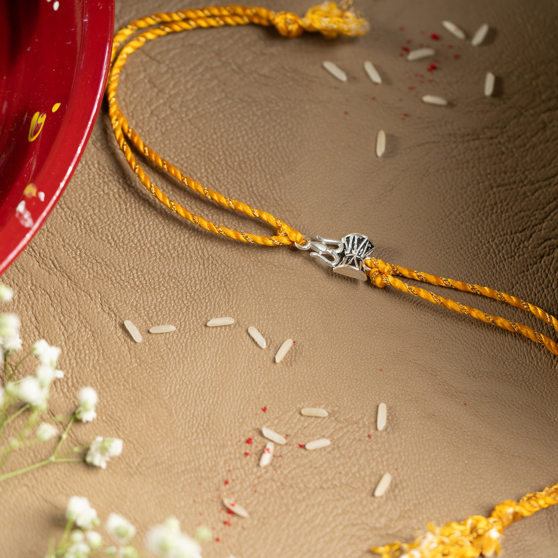 925 Sterling Silver Trishul Damru Rakhi for Brother | Yellow Thread Rakhi with Mahadev Symbol
