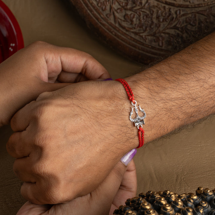 925 Silver Trishul Om Rakhi for Brother – Spiritual Raksha Bandhan Bracelet with Red Thread