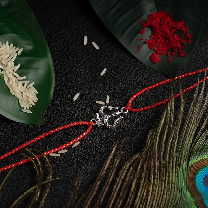 925 Silver Trishul Om Rakhi for Brother – Spiritual Raksha Bandhan Bracelet with Red Thread
