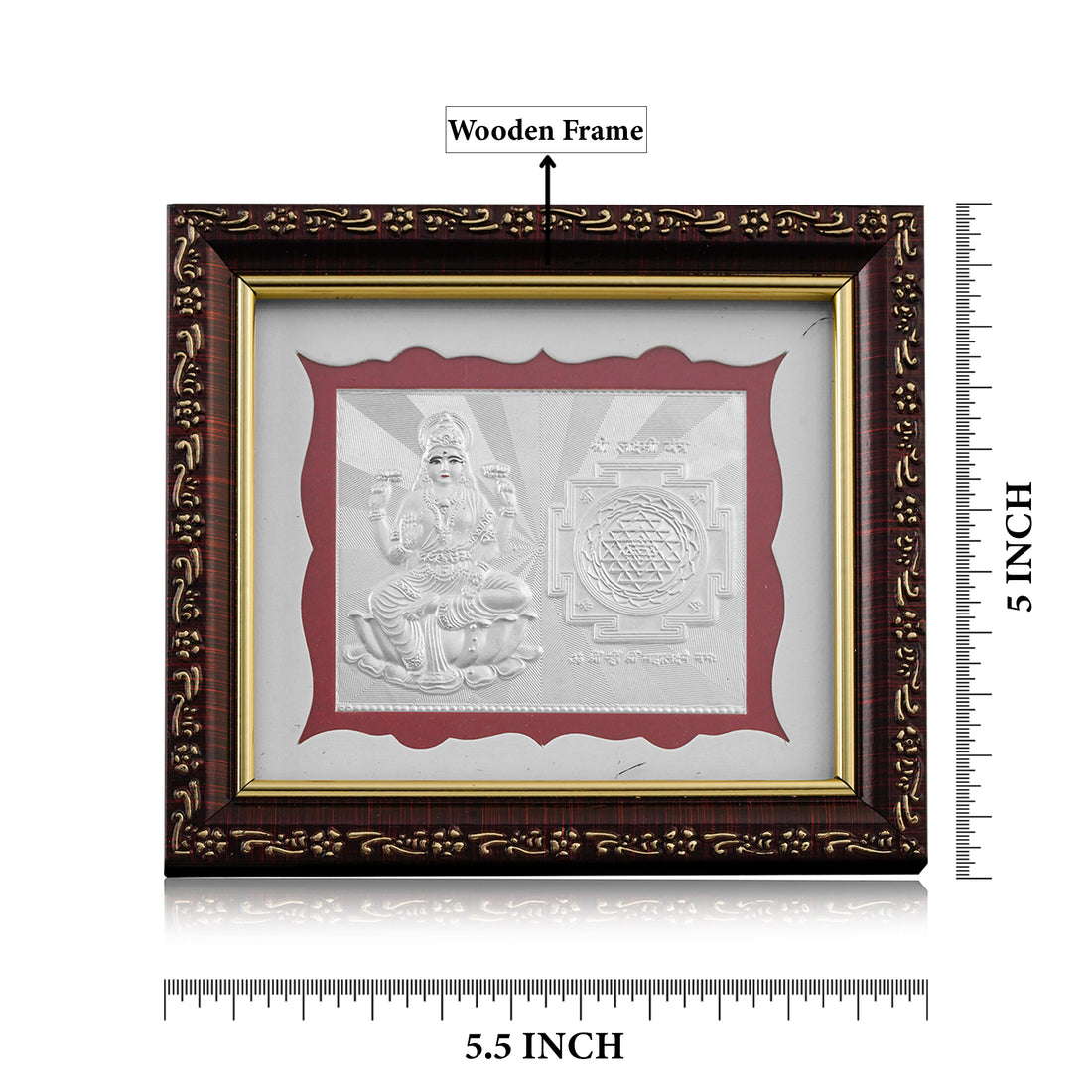 Tvish 999 Silver Laxmiji with Shree Yantra Wooden Frame, L 5.5 x H 5.0 Inches