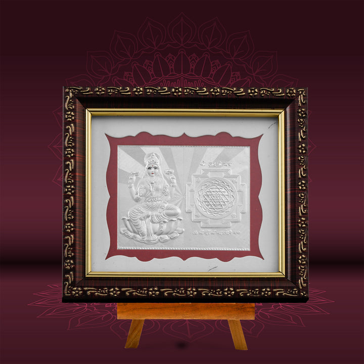 Tvish 999 Silver Laxmiji with Shree Yantra Wooden Frame, L 5.5 x H 5.0 Inches