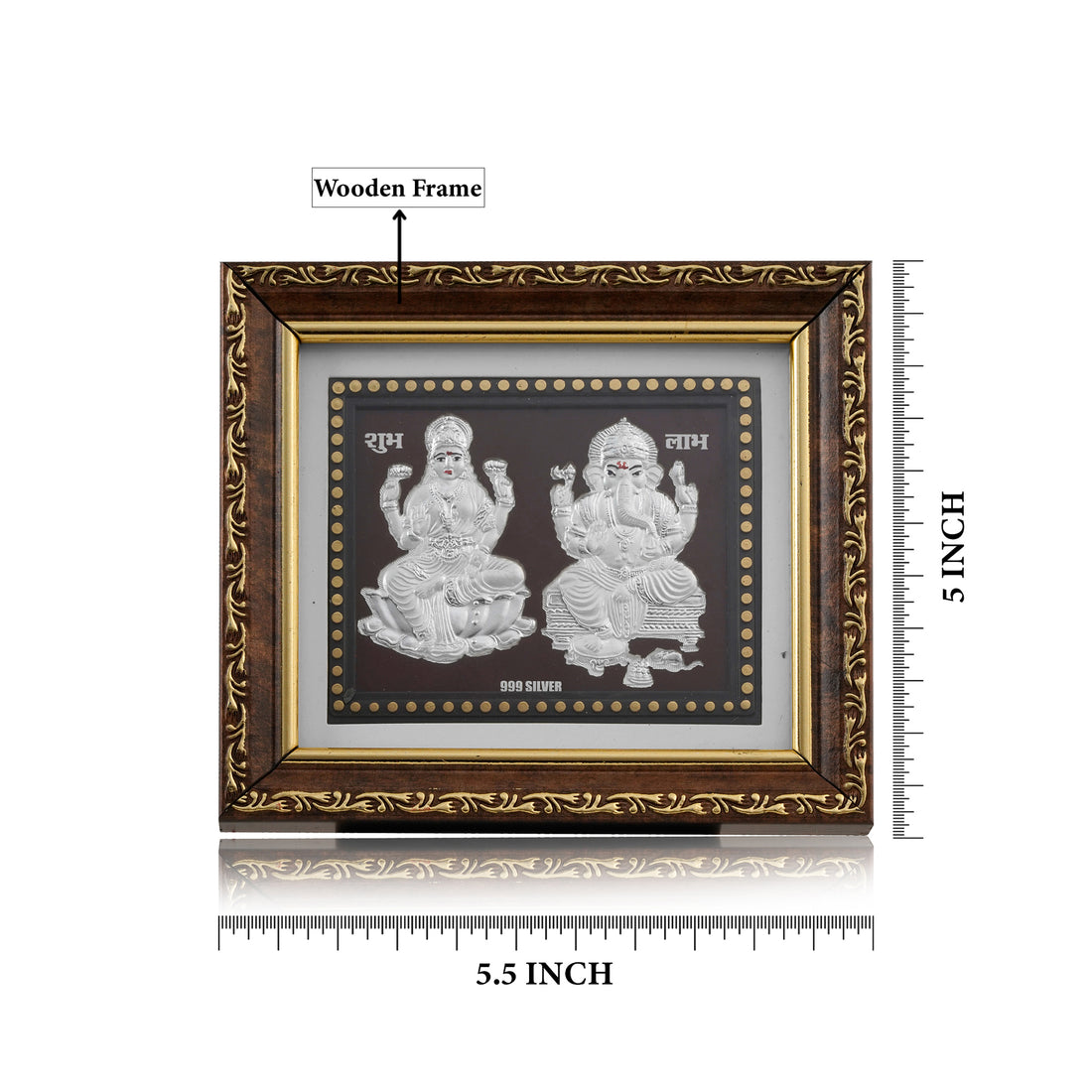 Tvish 999 Silver Laxmiji and Ganesh Wooden Frame, L 5.5 x H 5.0 Inches