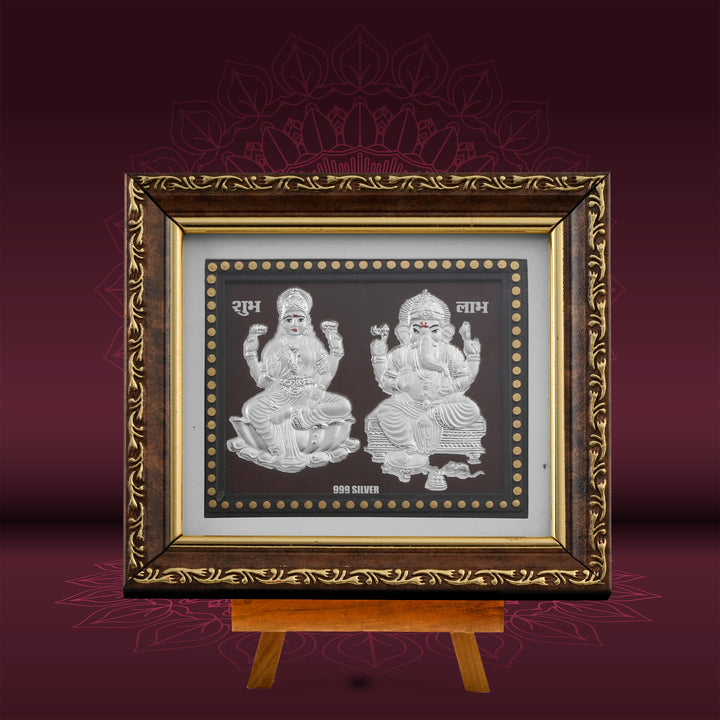 Tvish 999 Silver Laxmiji and Ganesh Wooden Frame, L 5.5 x H 5.0 Inches