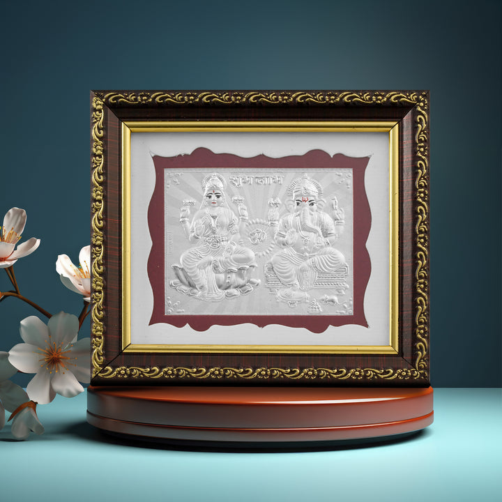 Tvish 999 Silver Ganeshji & Sarasvati Wooden Frame, L 5.5 x H 5.0 Inches