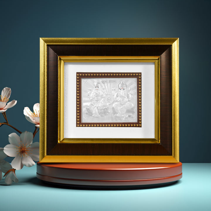 Tvish 999 Silver Laxmiji and Ganeshji Wooden Frame, L 8 x H 7 Inches