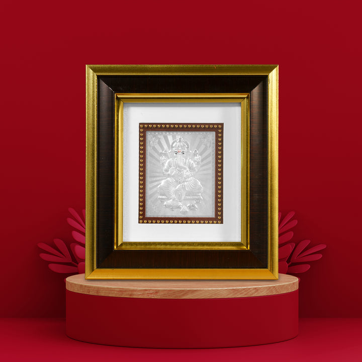 Tvish 999 Silver Ganeshji Wooden Frame, L 8 x H 7 Inches