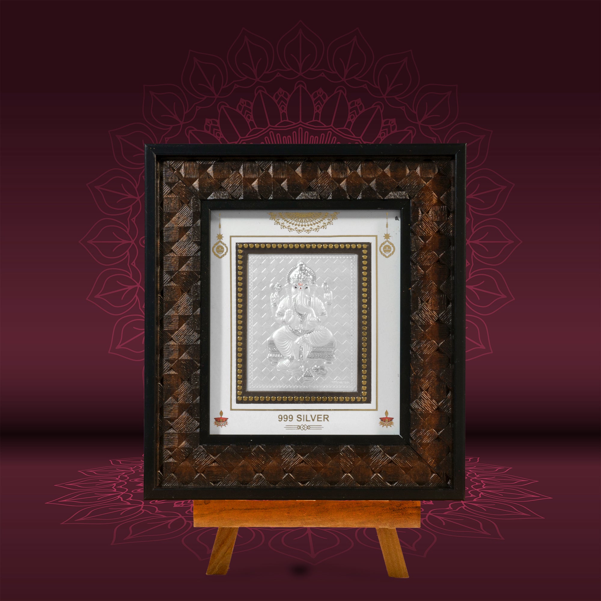 Tvish 999 Silver Ganeshji Wooden Frame, L 7 x H 8 Inches