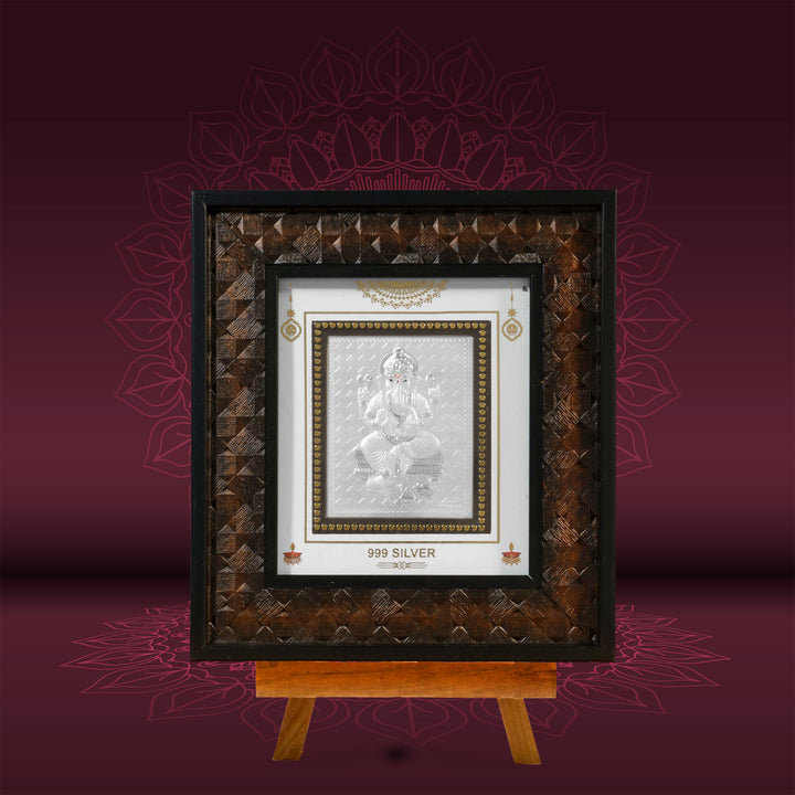 Tvish 999 Silver Ganeshji Wooden Frame, L 7 x H 8 Inches