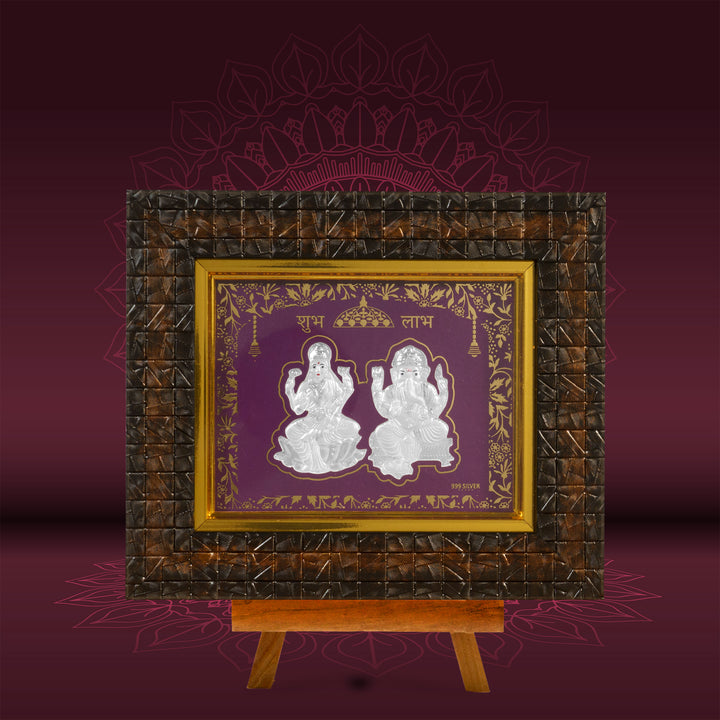 Tvish 999 Silver Ganeshji and Lakshmiji Wooden Frame, L 8 x H 6.5 Inches