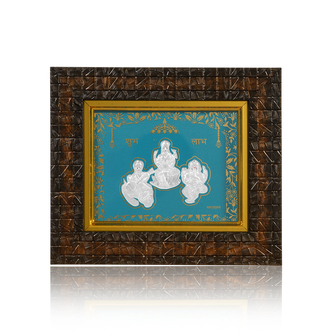 Tvish 999 Silver Lakshmiji, Saraswati ji and Ganeshji Wooden Frame, L 8 x H 6.5 Inches