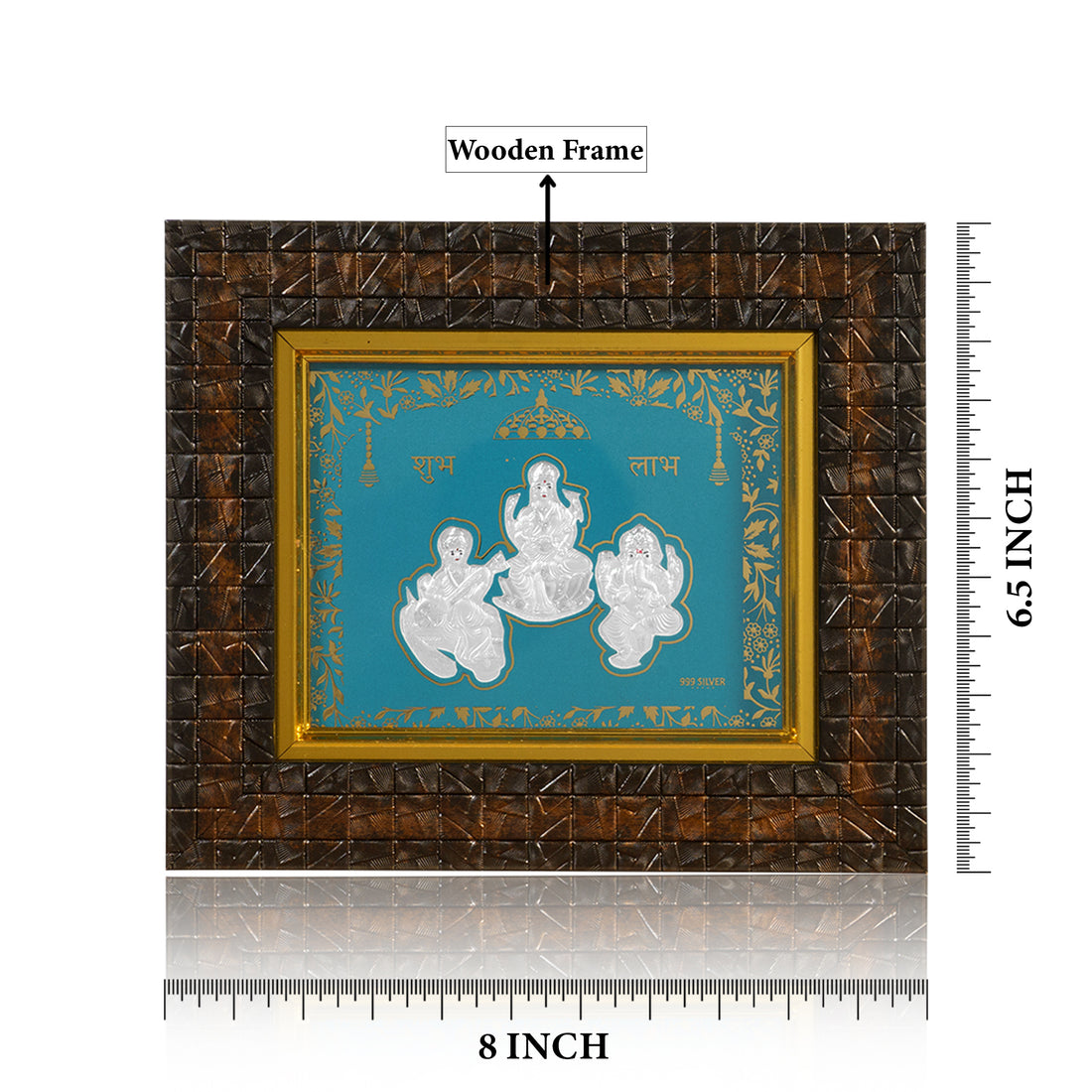 Tvish 999 Silver Lakshmiji, Saraswati ji and Ganeshji Wooden Frame, L 8 x H 6.5 Inches