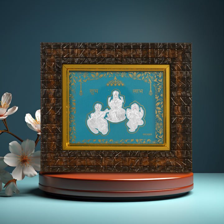 Tvish 999 Silver Lakshmiji, Saraswati ji and Ganeshji Wooden Frame, L 8 x H 6.5 Inches