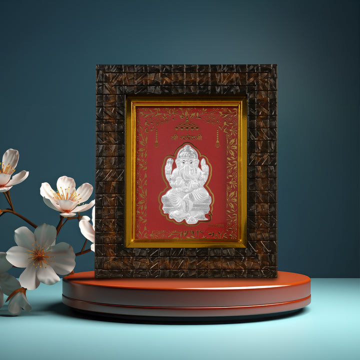 Tvish 999 Silver Ganeshji Wooden Frame, L 6.5 x H 8 Inches