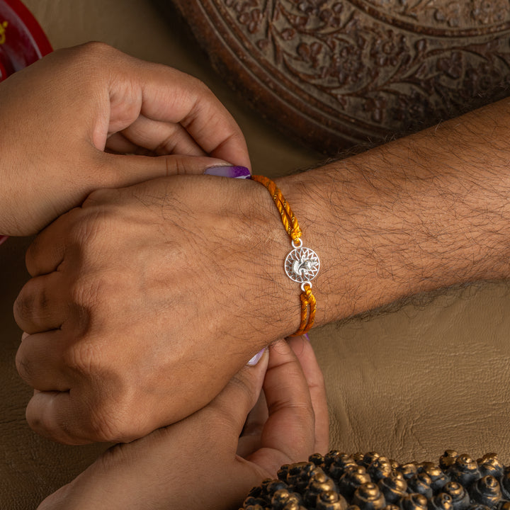 925 Silver Surya Ganesh Rakhi for Brother | Ganpati Rakhi with Radiant Sun Design | Sterling Silver Raksha Bandhan Thread of Wisdom and Light