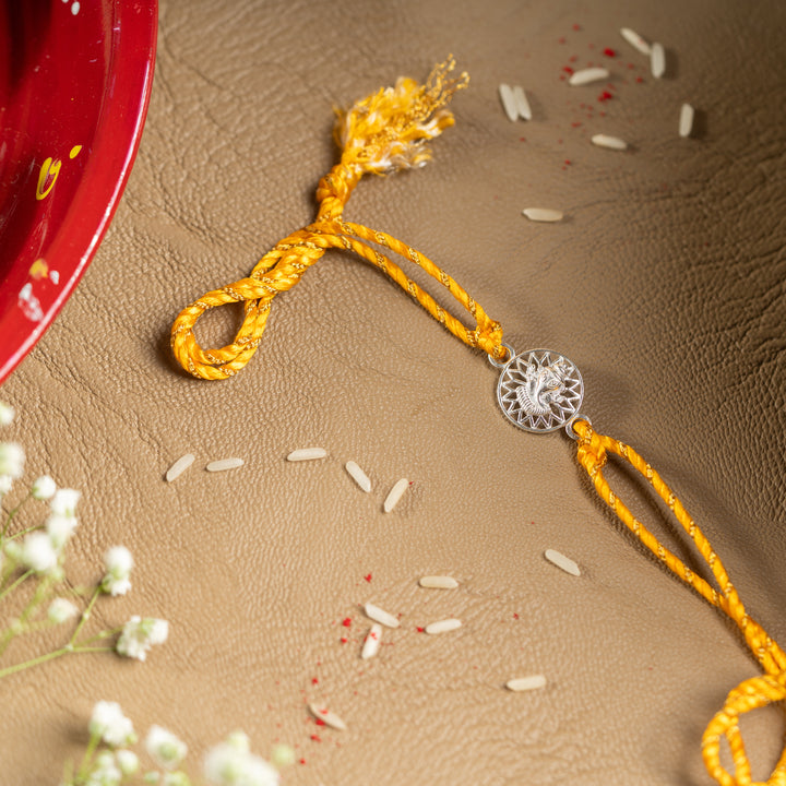 925 Silver Surya Ganesh Rakhi for Brother | Ganpati Rakhi with Radiant Sun Design | Sterling Silver Raksha Bandhan Thread of Wisdom and Light