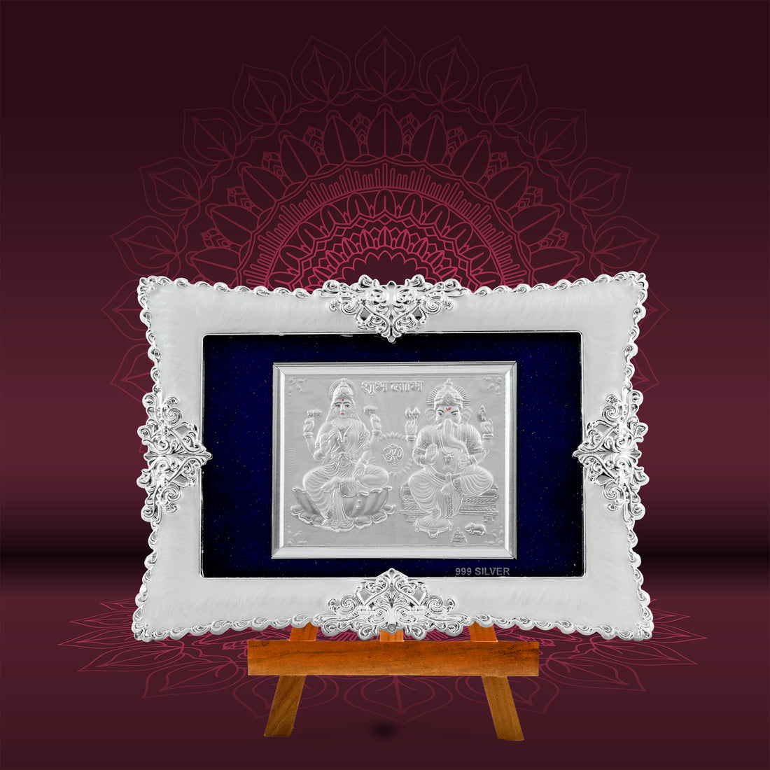 Tvish 999 Silver Ganeshji and Lakshmiji Metal Frame, L 8 x H 6 Inches