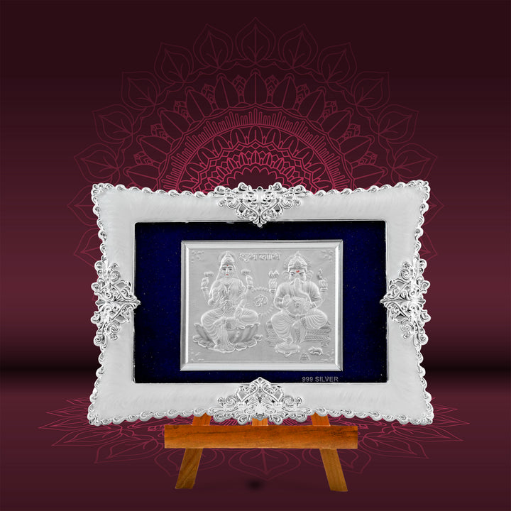 Tvish 999 Silver Ganeshji and Lakshmiji Metal Frame, L 8 x H 6 Inches