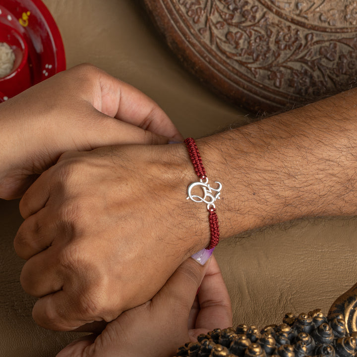 925 Silver Om Ganesh Rakhi for Brother | Sterling Silver Raksha Bandhan Thread with Ganpati Symbol | Handcrafted Traditional Rakhi