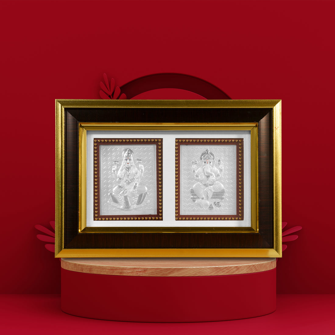 Tvish 999 Silver Ganeshji and Lakshmiji Wooden Frame, L 10.5 x H 8 Inches