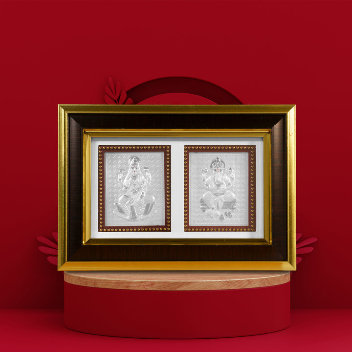 Tvish 999 Silver Ganeshji and Lakshmiji Wooden Frame, L 10.5 x H 8 Inches