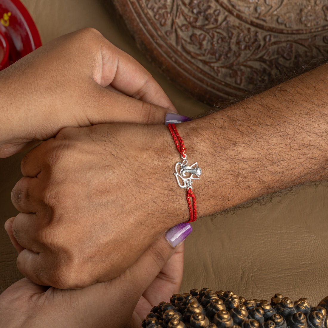 925 Sterling Silver Sitting Ganesh Rakhi for Brother | Traditional Red Thread Rakhi for Raksha Bandhan