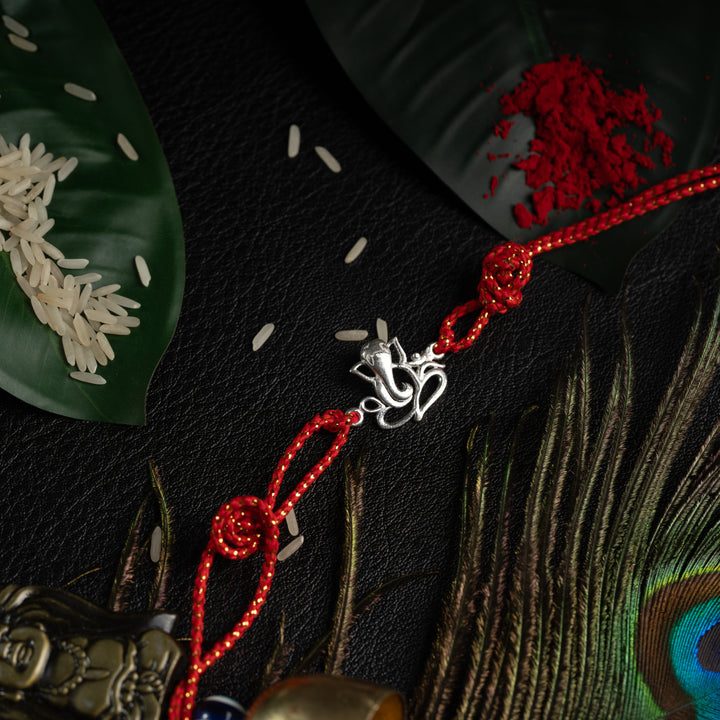 925 Sterling Silver Sitting Ganesh Rakhi for Brother | Traditional Red Thread Rakhi for Raksha Bandhan