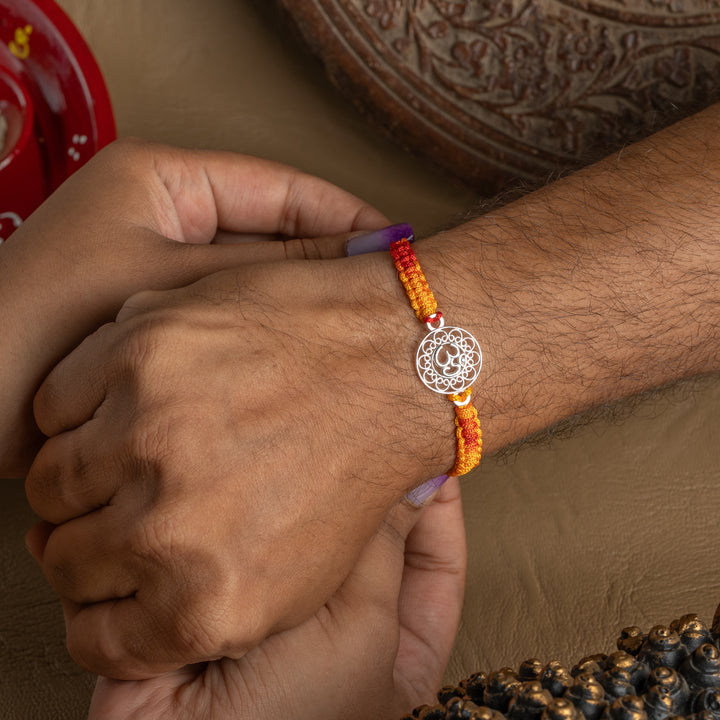 925 Sterling Silver Om Rakhi for Brother | Intricate Mandala Design with Yellow-Red Thread | Raksha Bandhan Special