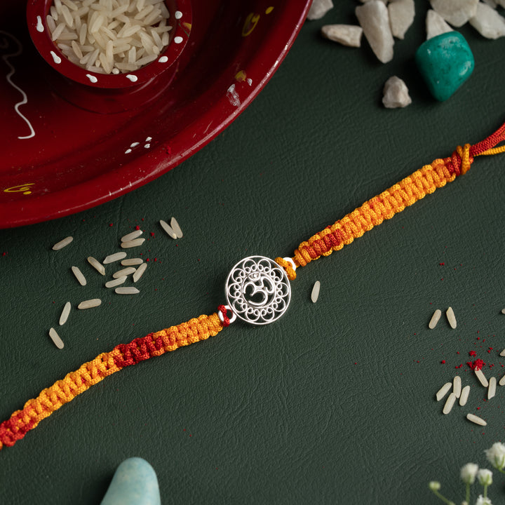 925 Sterling Silver Om Rakhi for Brother | Intricate Mandala Design with Yellow-Red Thread | Raksha Bandhan Special